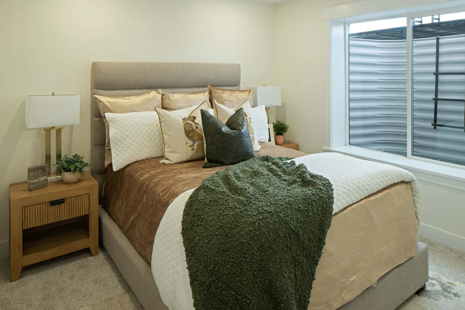 Camel and green bedding