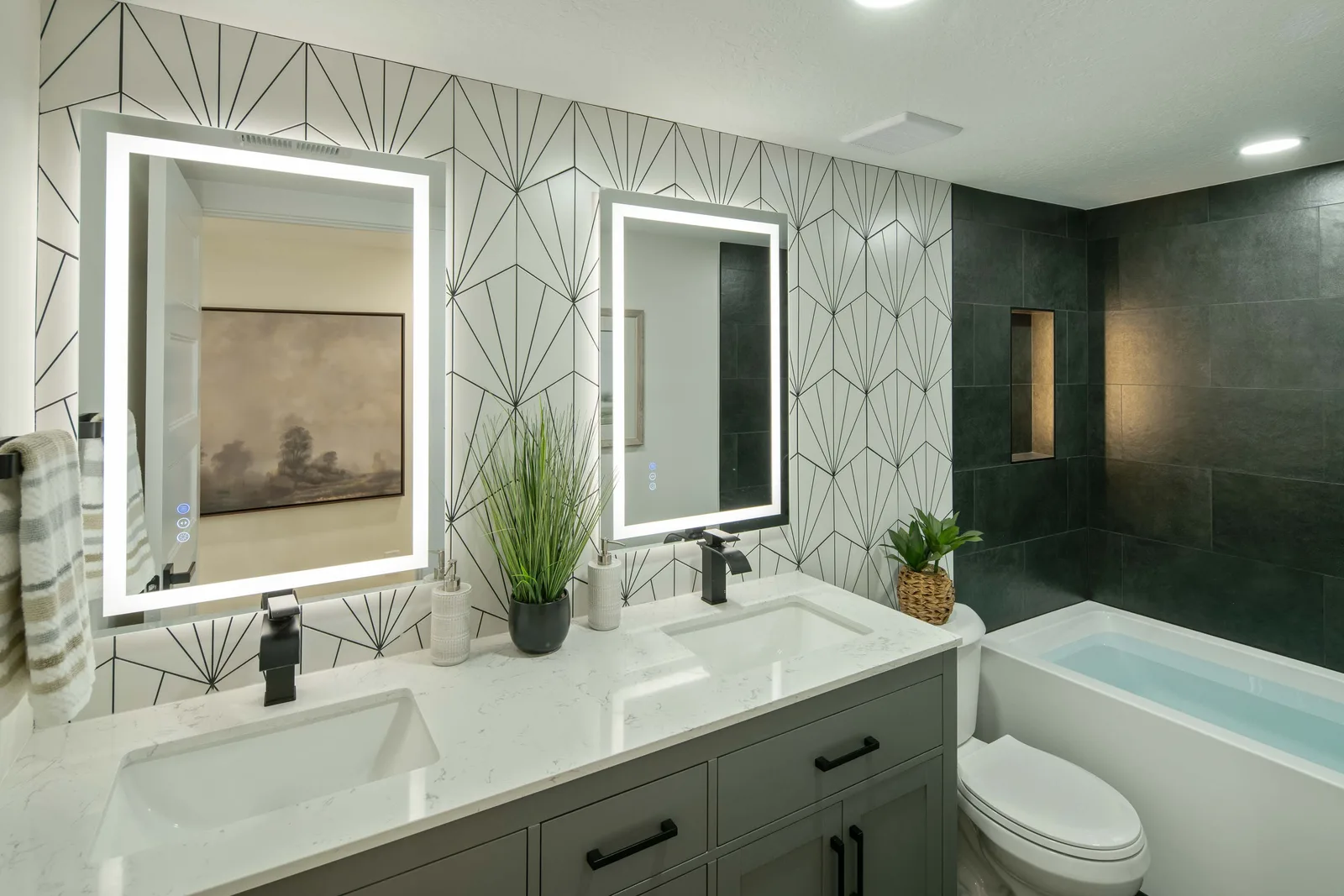 Geometric wallpaper double vanity