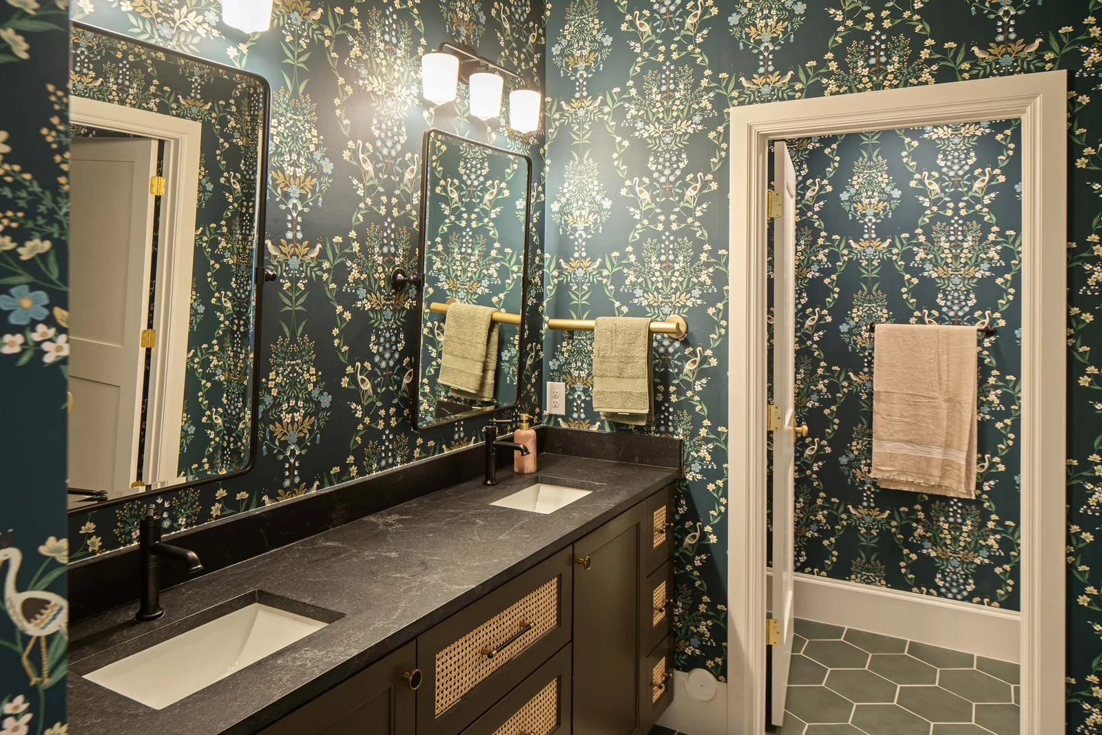 Botanical wallpaper over soapstone