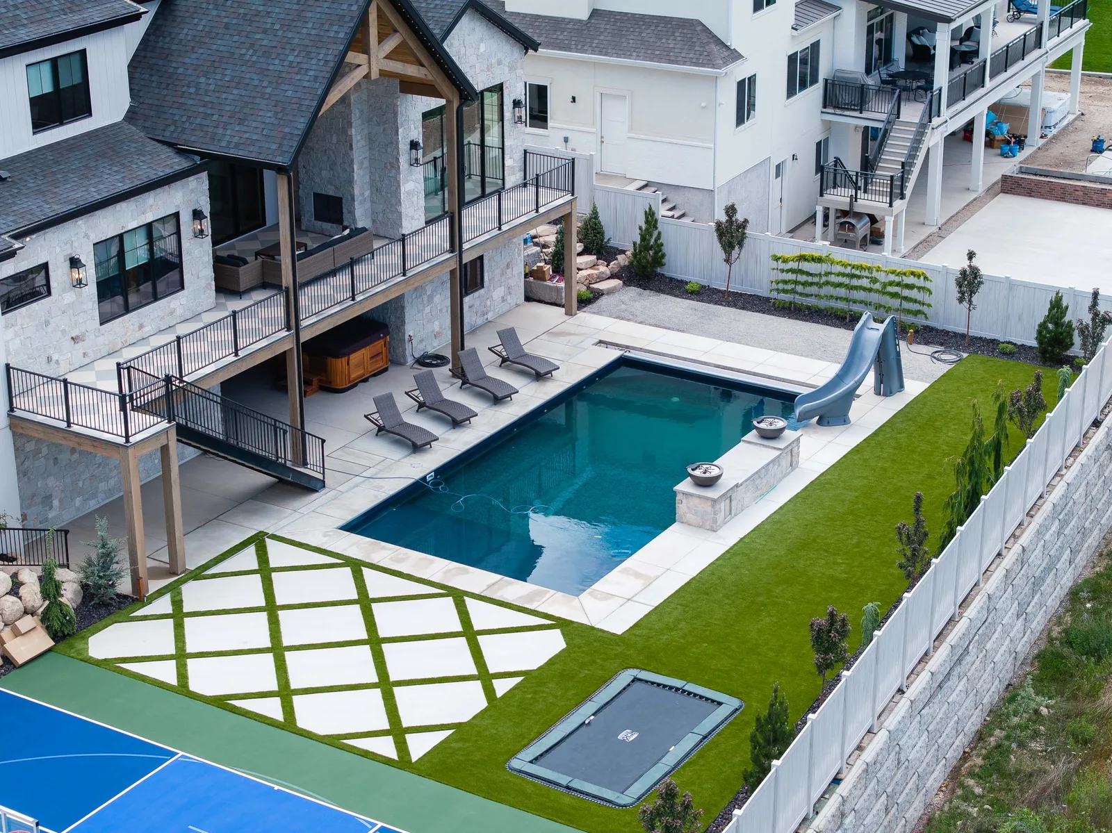 Pool, slide, sport court