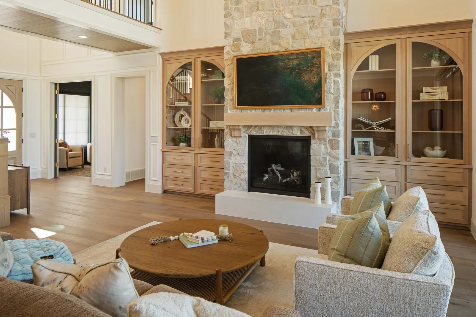 Stone fireplace, oak built-ins