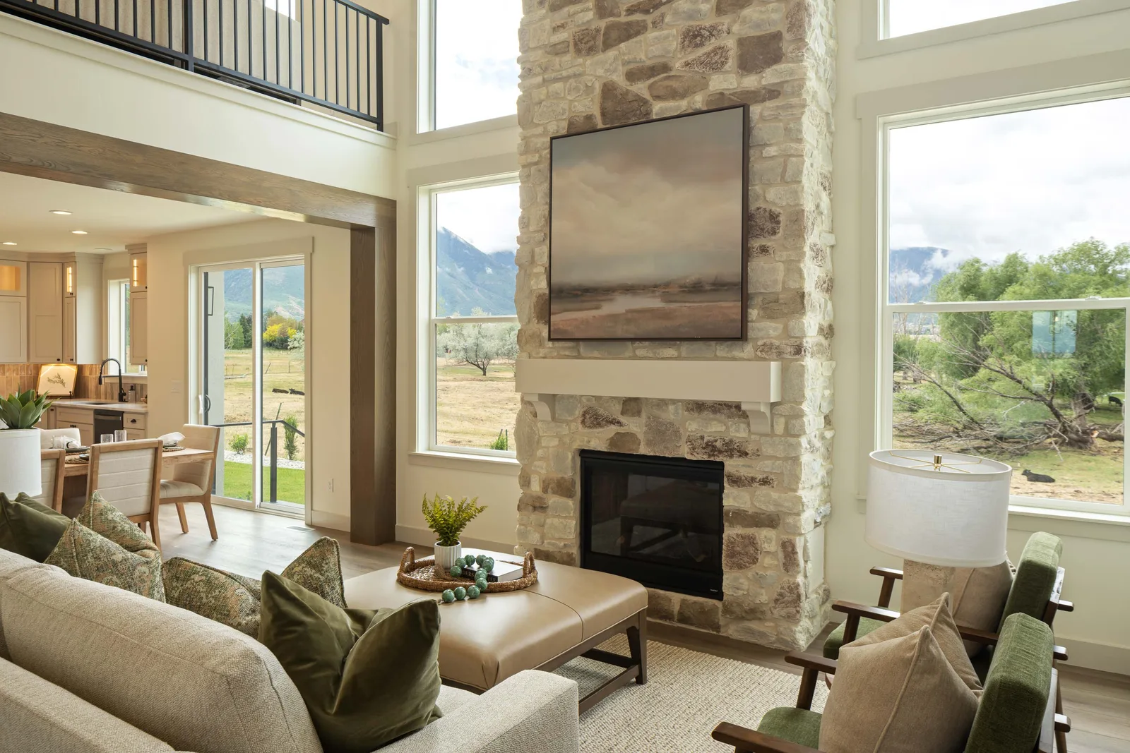 A stone hearth to the ceiling