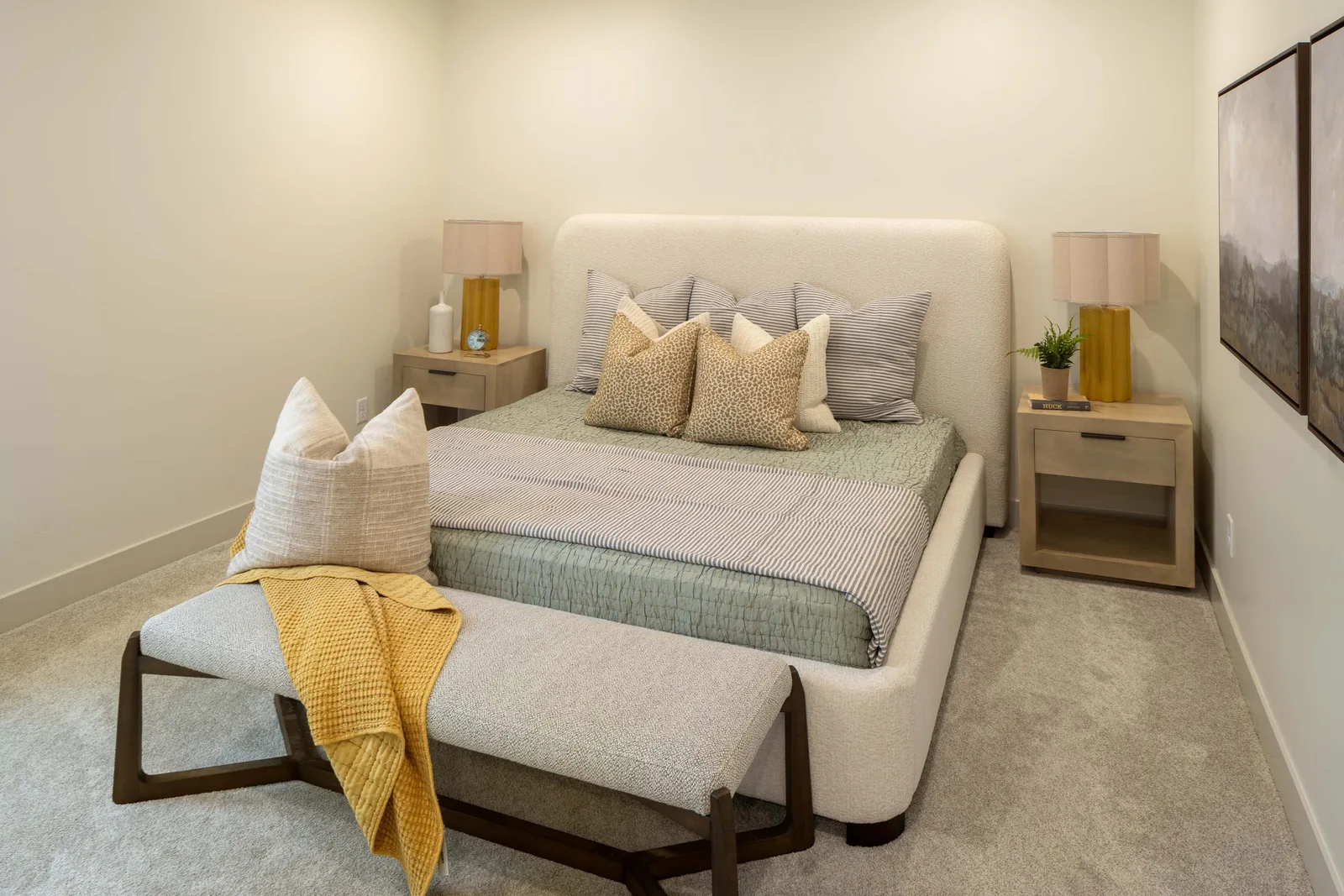 Boucle bed, gold lamps