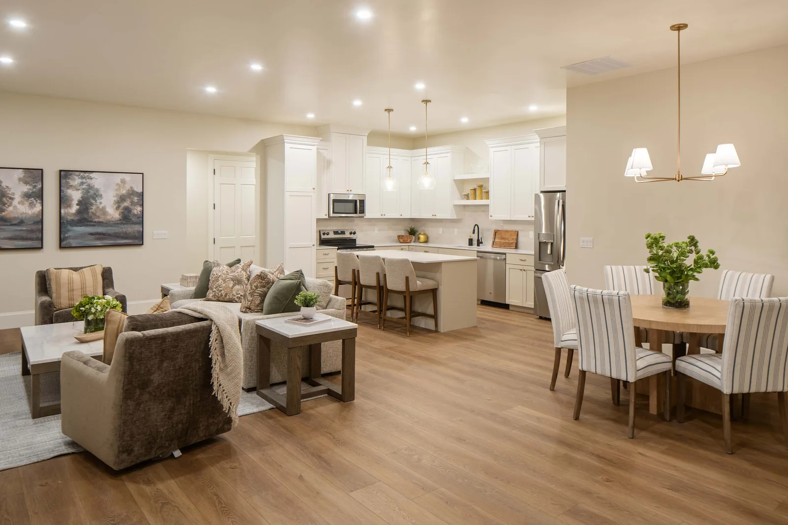 Open living, kitchen, dining