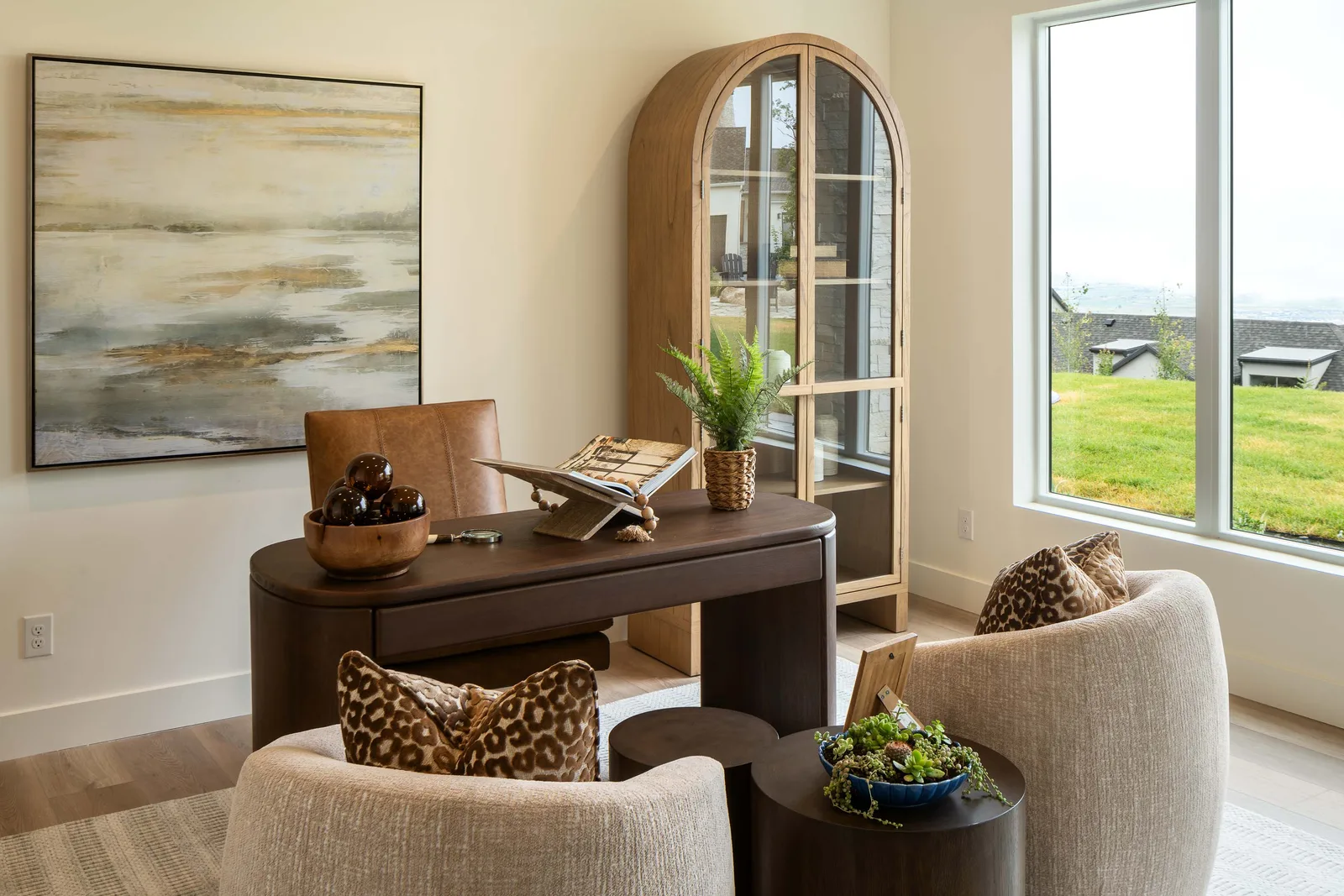 Walnut Desk, Arched Cabinet, Leopard Accents